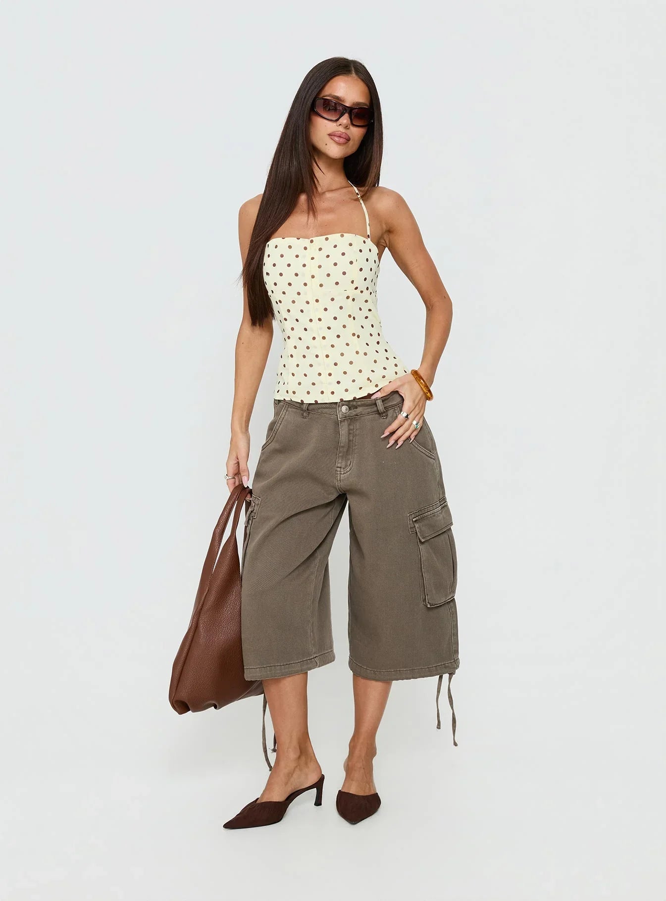 Bon Bon Tie Neck Top Yellow / Brown Polka
