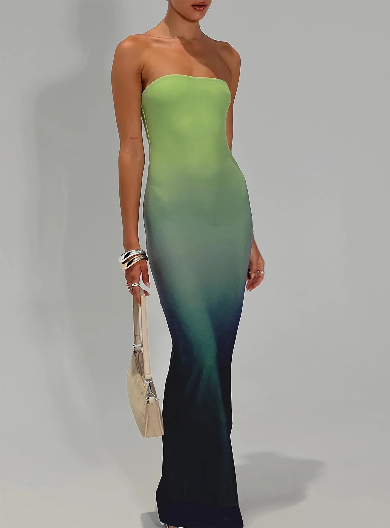 Stolen Love Strapless Maxi Dress Blue Green Ombre