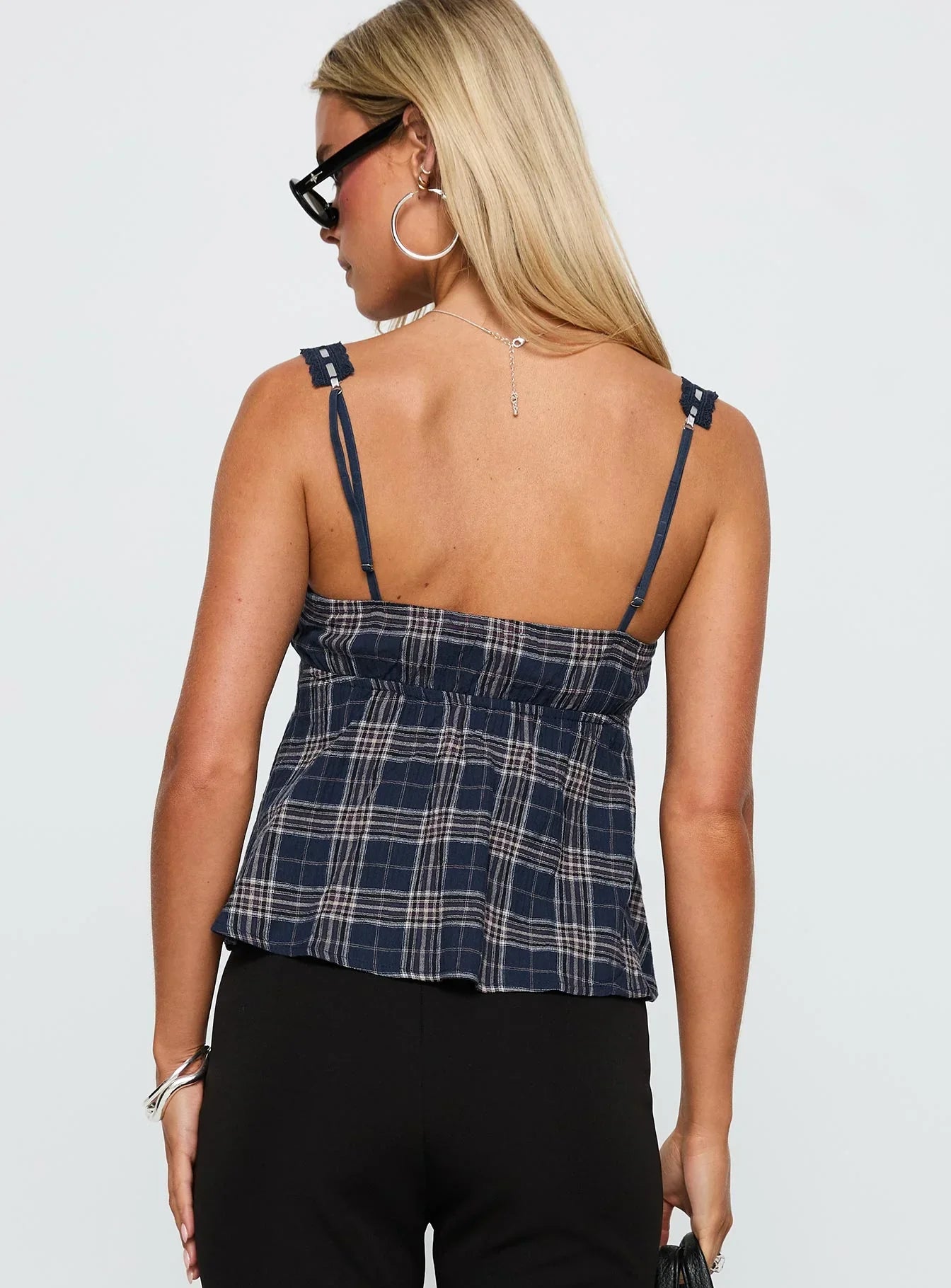 Pretty It Up Tie Detail Top Blue Check