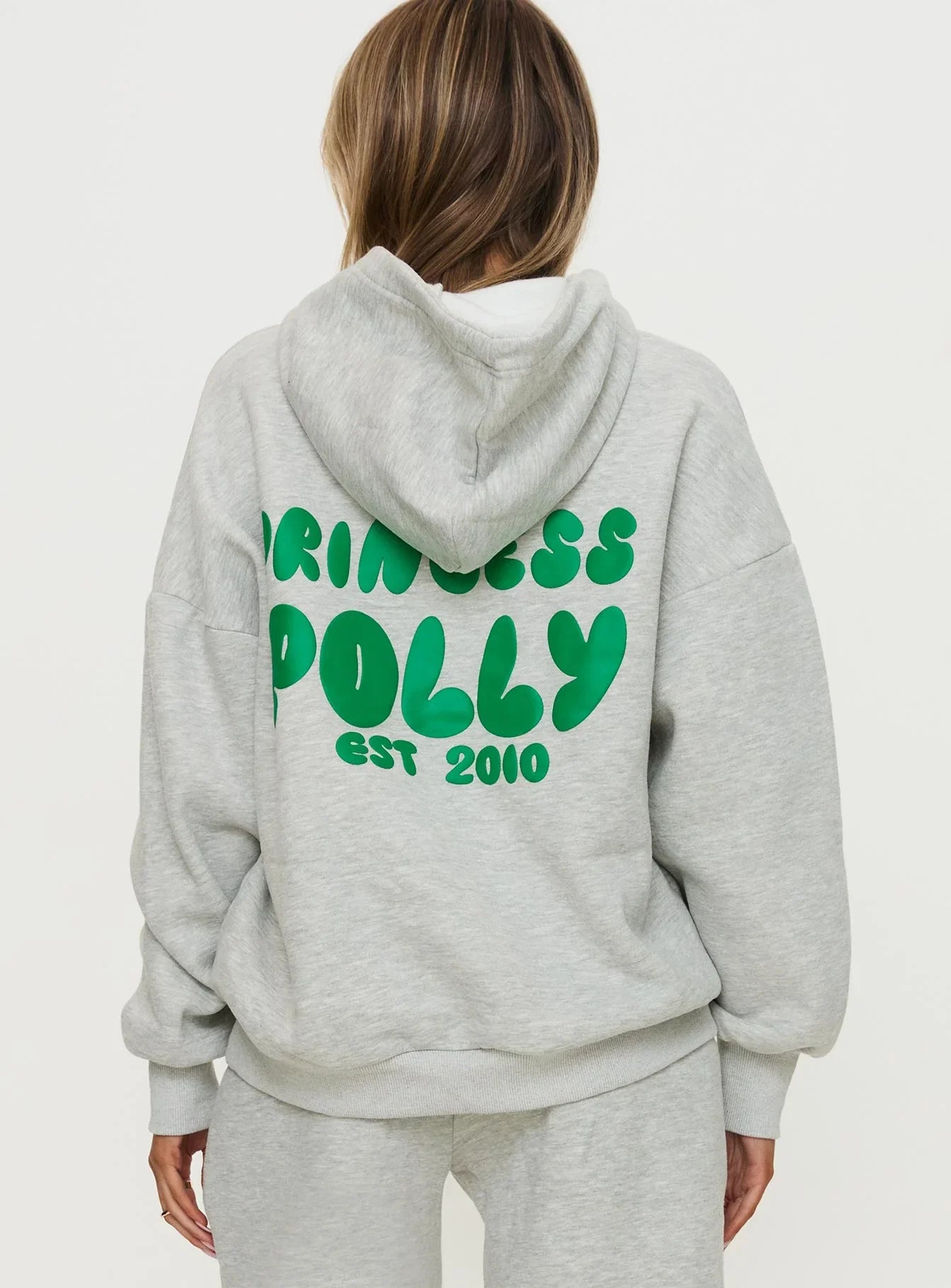 Princess Polly Hooded Sweatshirt Bubble Text Grey Marle Green