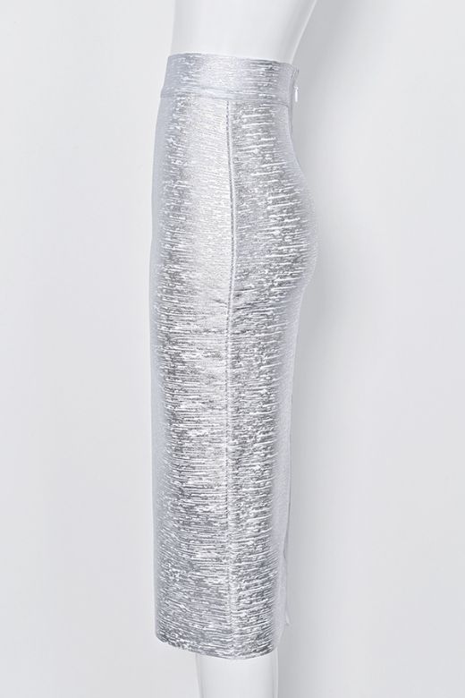 High Waist Leather Pencil Skirt Midi Length Metallic Silver