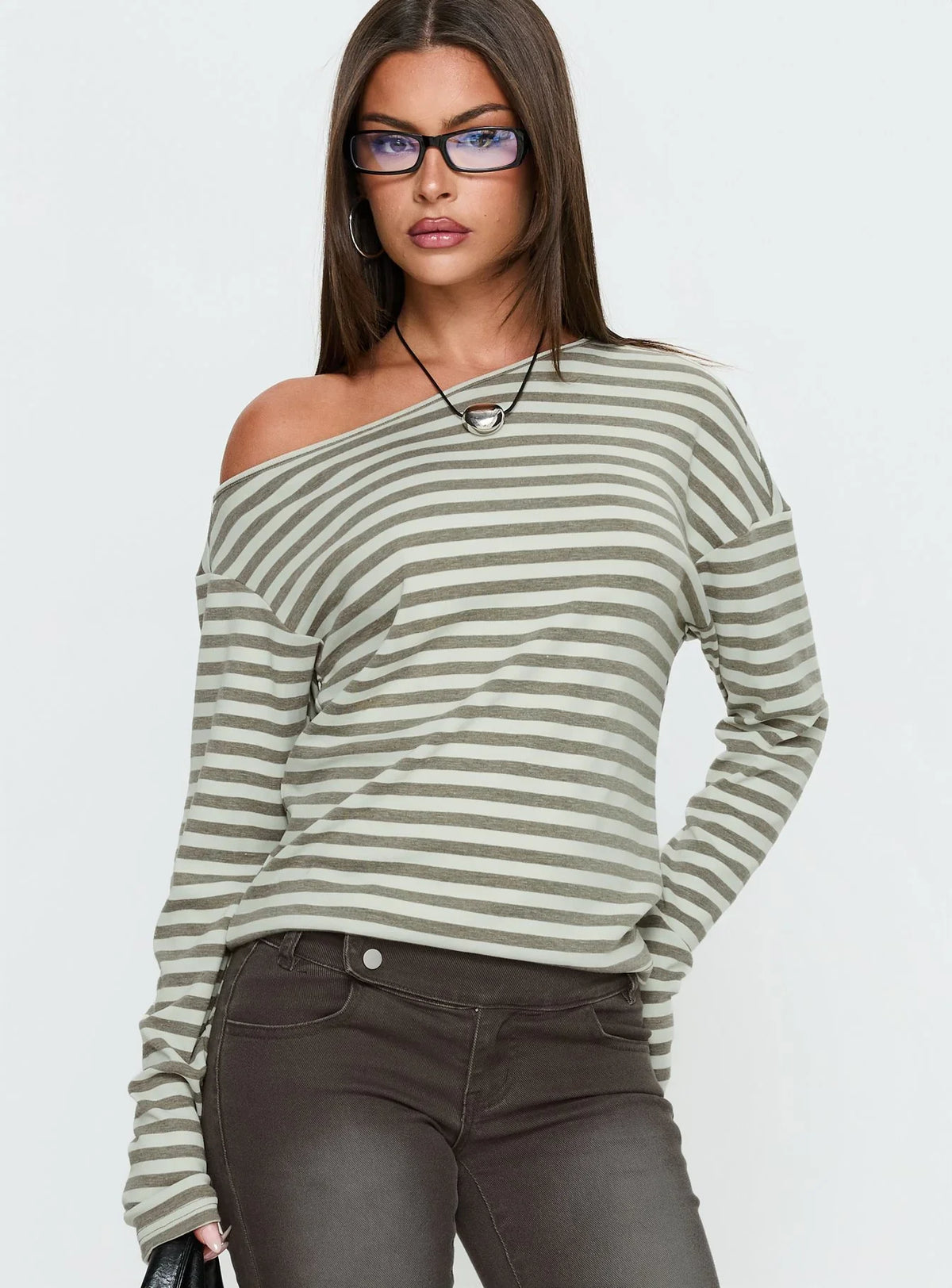 Lenorah Off Shoulder Long Sleeve Top Grey Stripe