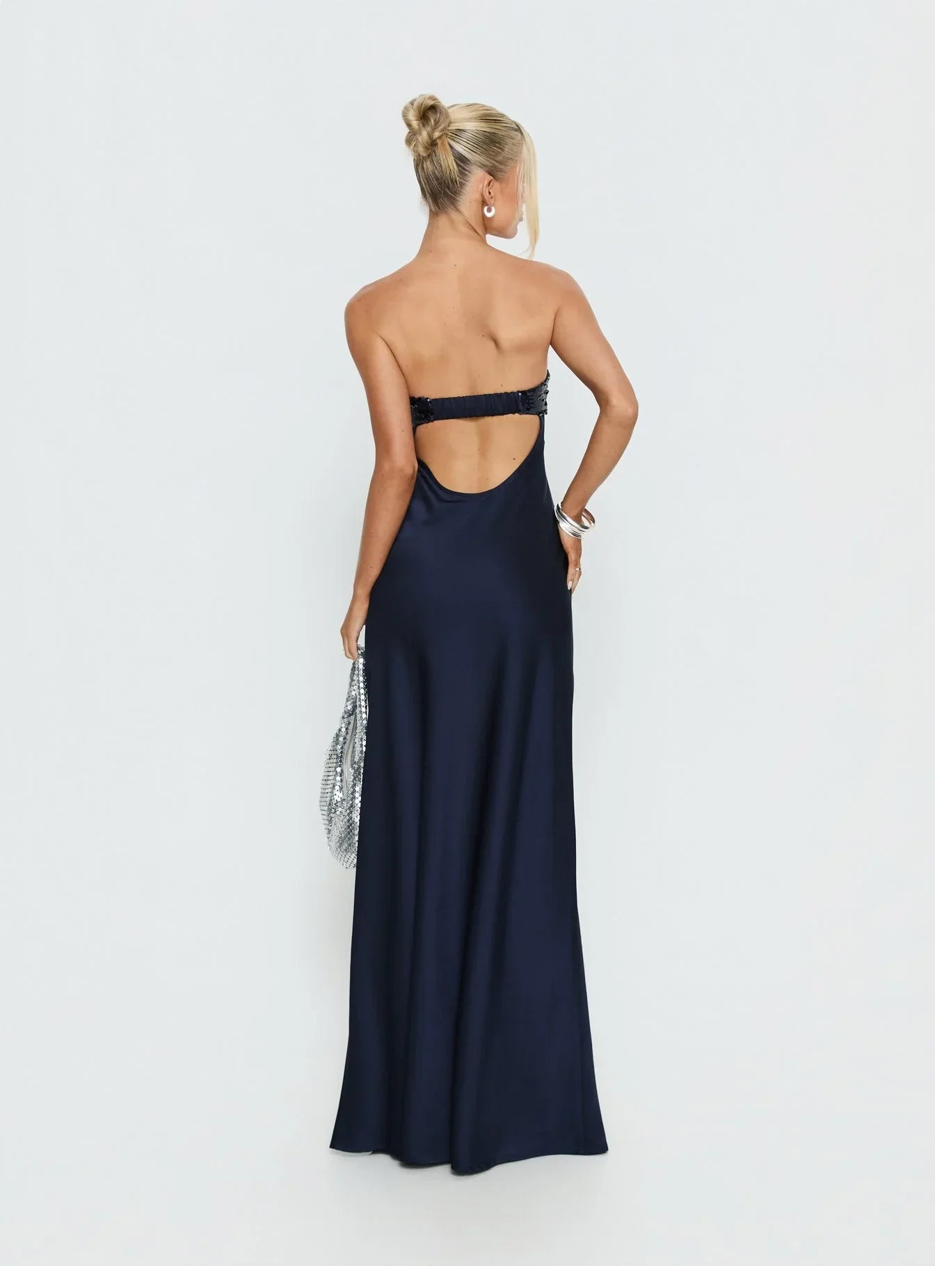 See The Vision Sequin Bust Strapless Maxi Dress Navy