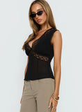 Noven Tie Back Lace Trim Top Black