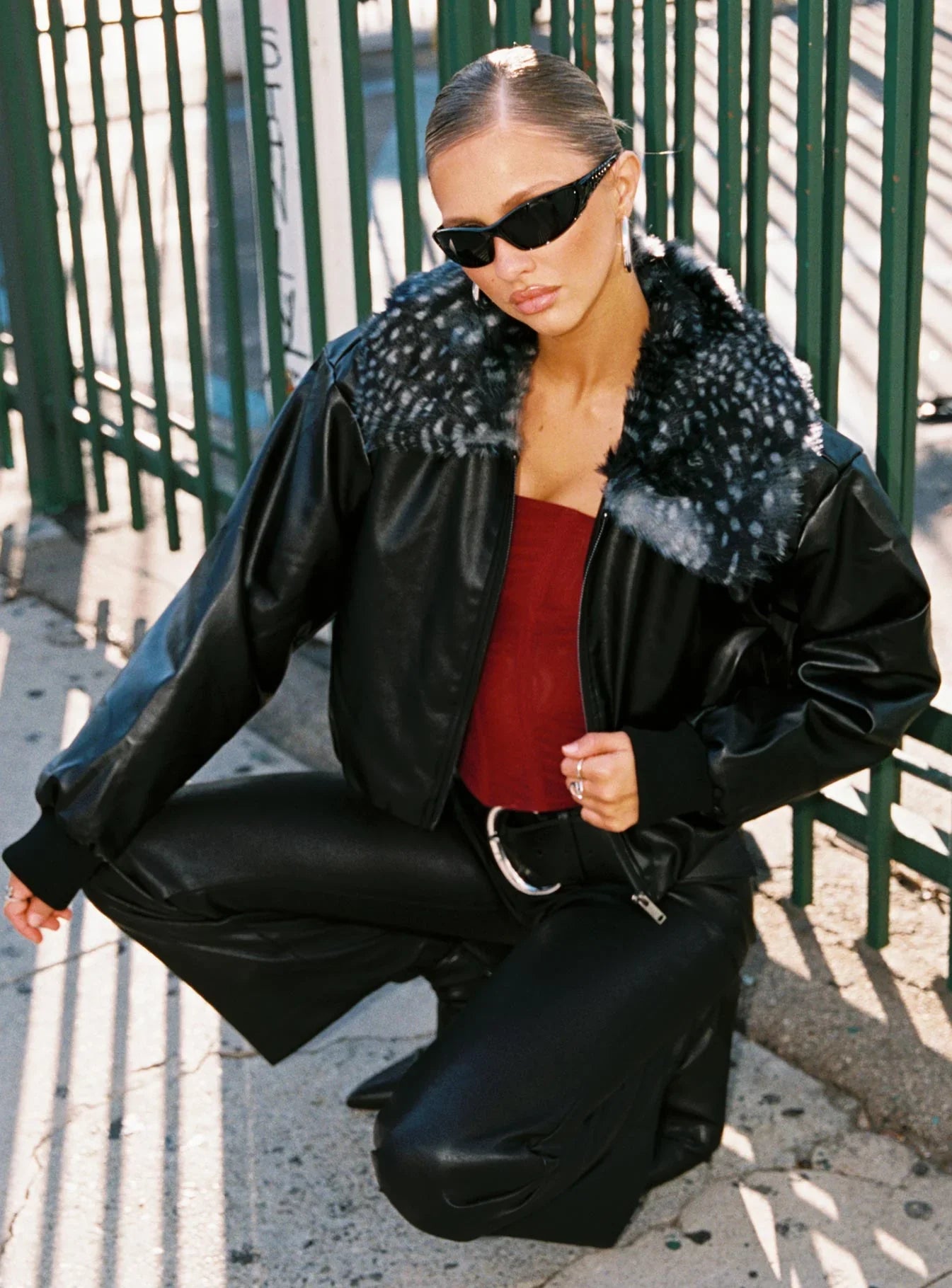 Koemi Faux Leather Collared Jacket Black