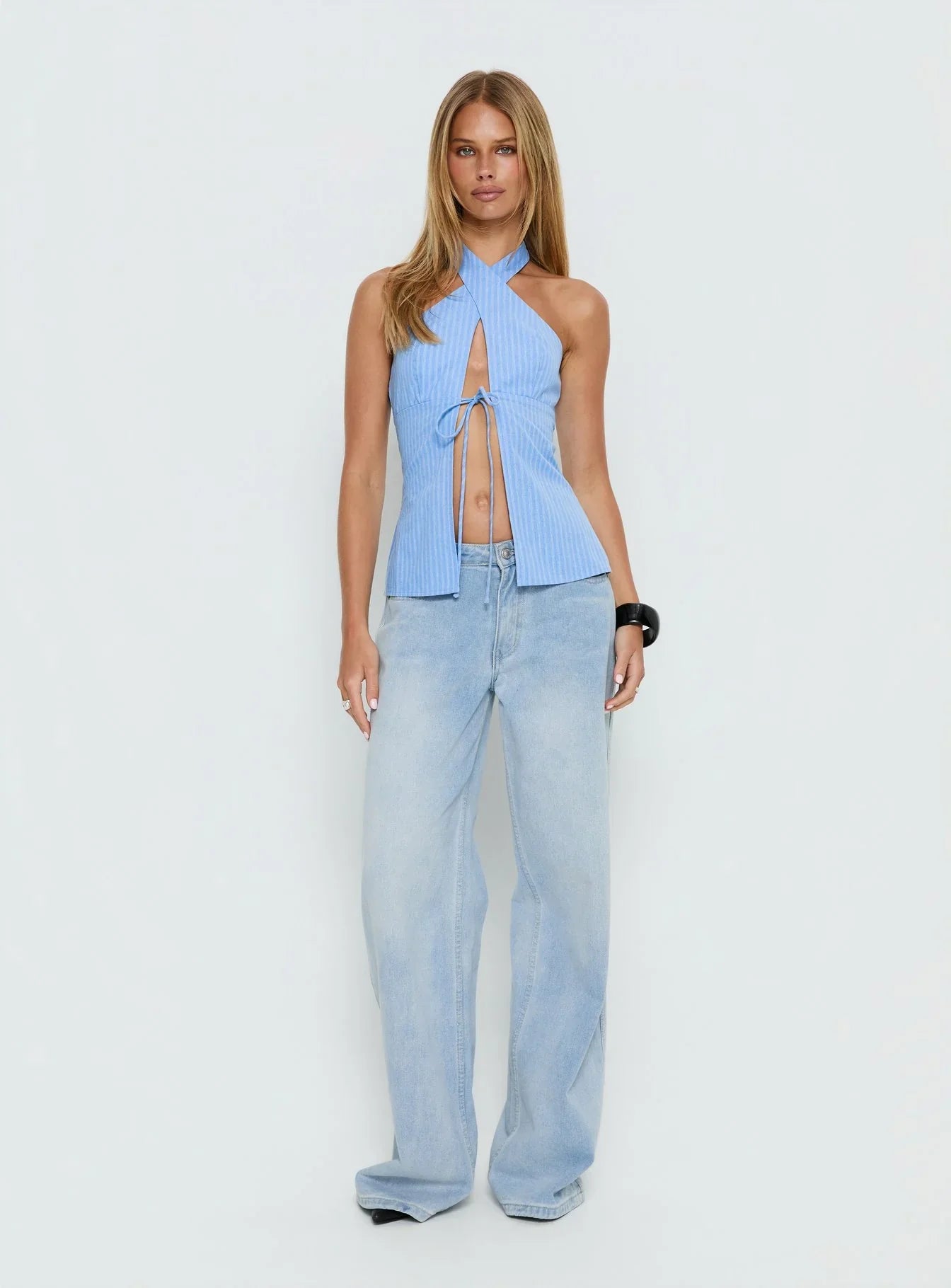 Sensational Cross Front Tie Detail Top Blue Stripe