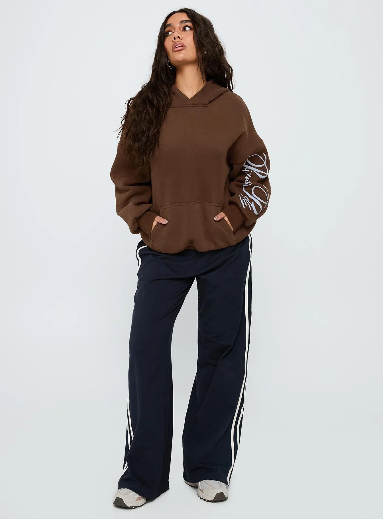 Princess Polly Script Text Graphic Hoodie Brown Blue