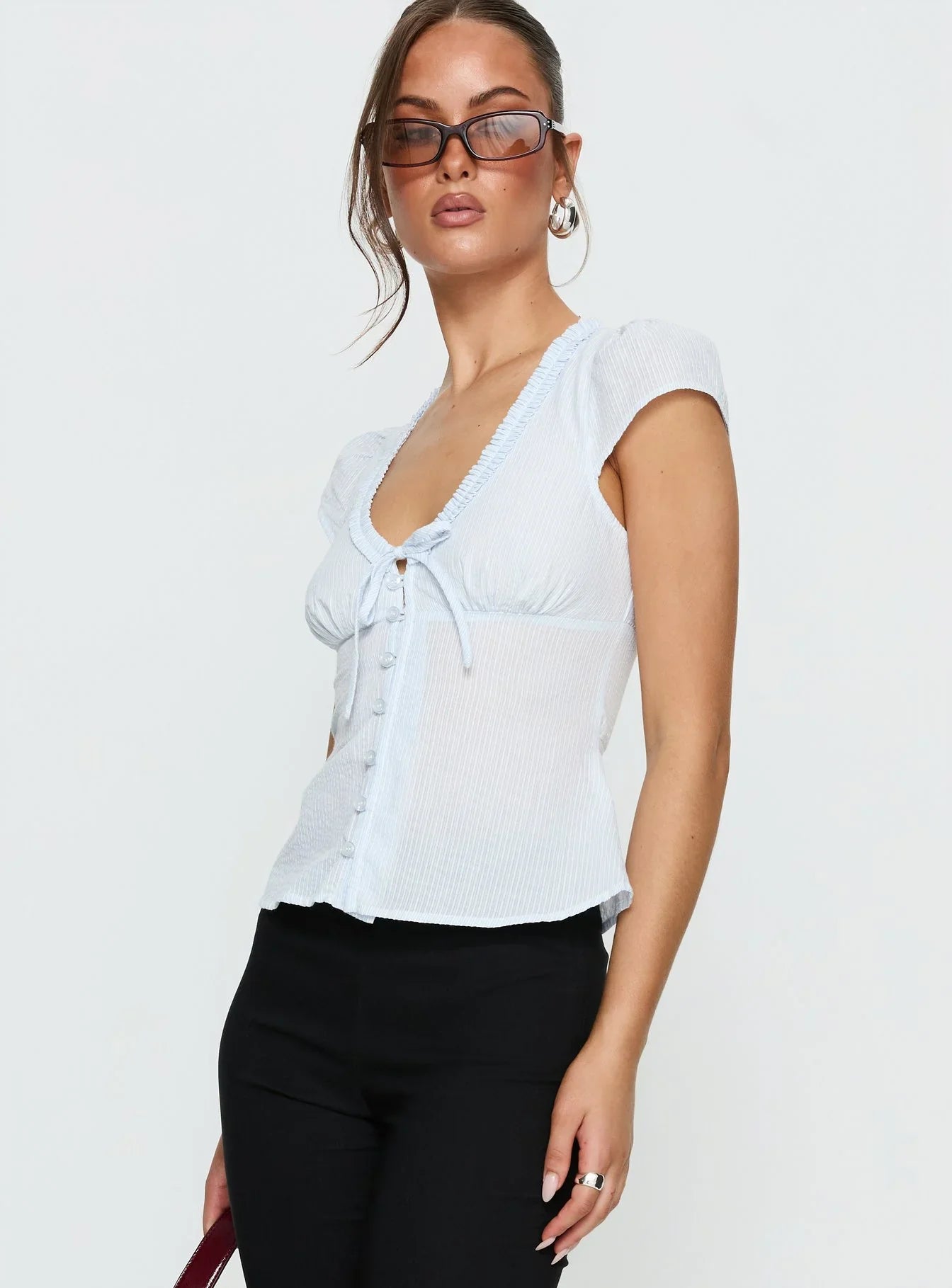 Kalysa Ruffle Short Sleeve Blouse Top Blue Stripe
