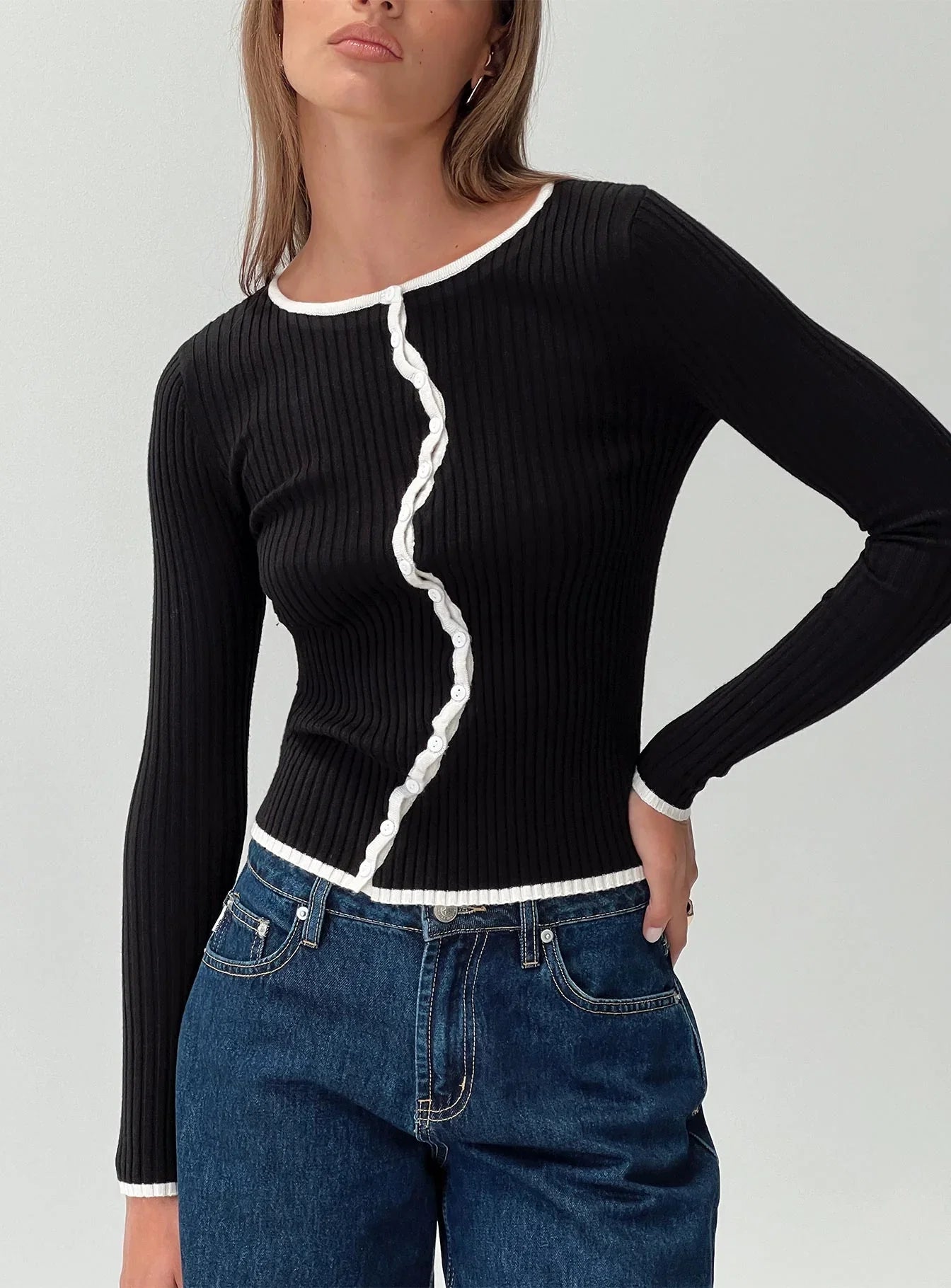 Bring Me Closer Button Up Long Sleeve Top Black White