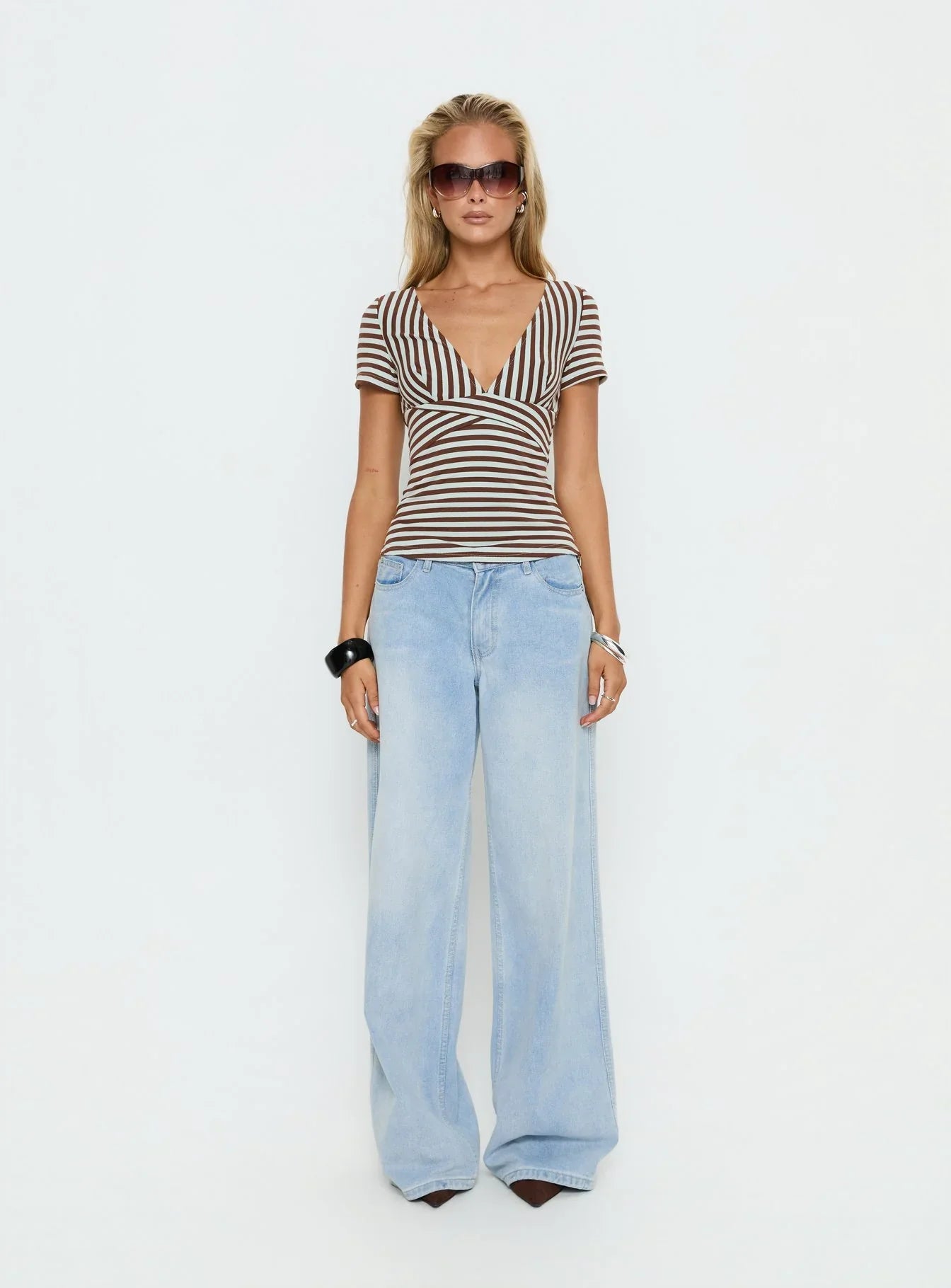 Madelon Short Sleeve Wrap Top Brown / Blue Stripe