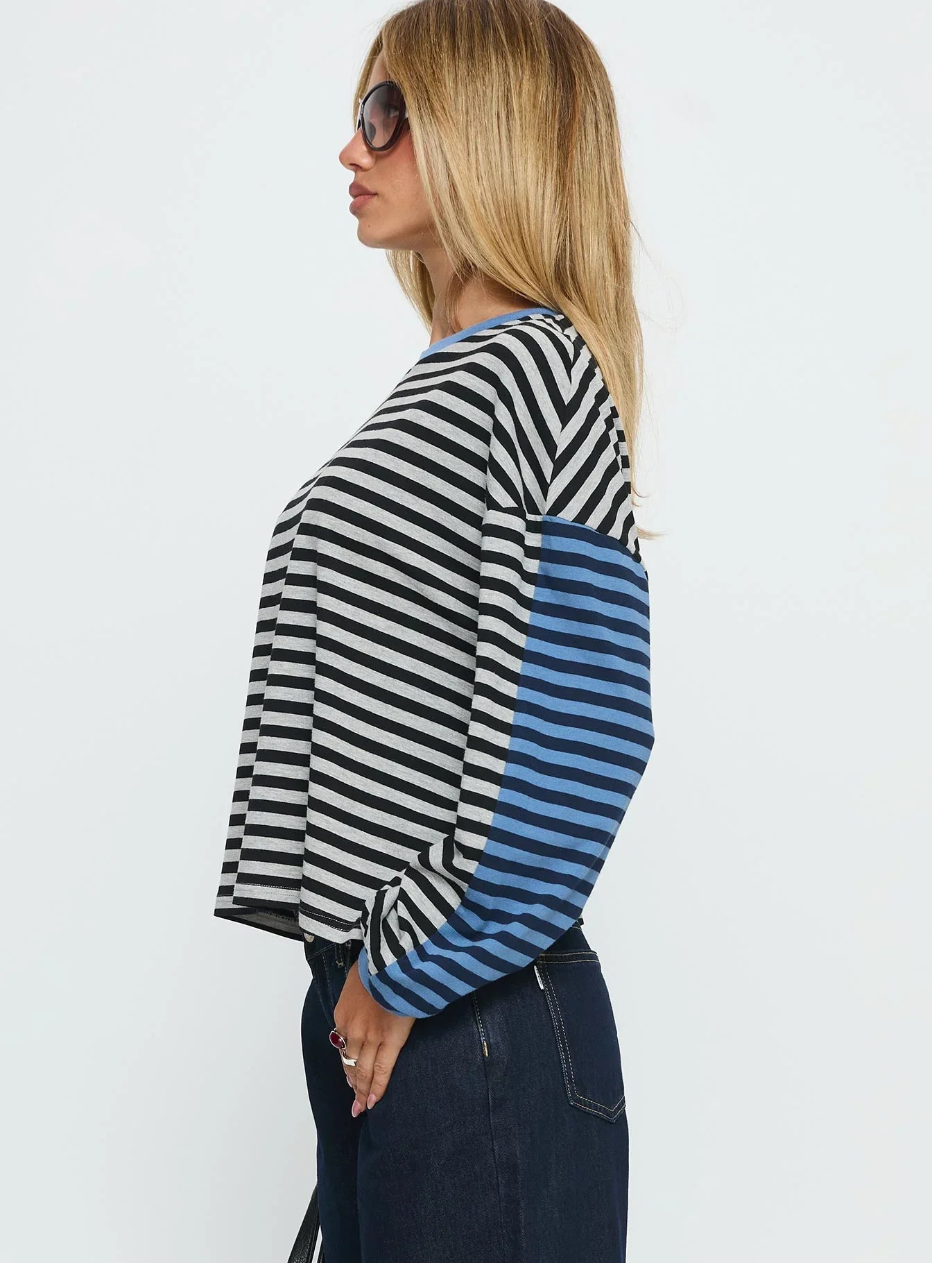 Taysha Long Sleeve Top Black Grey Stripe