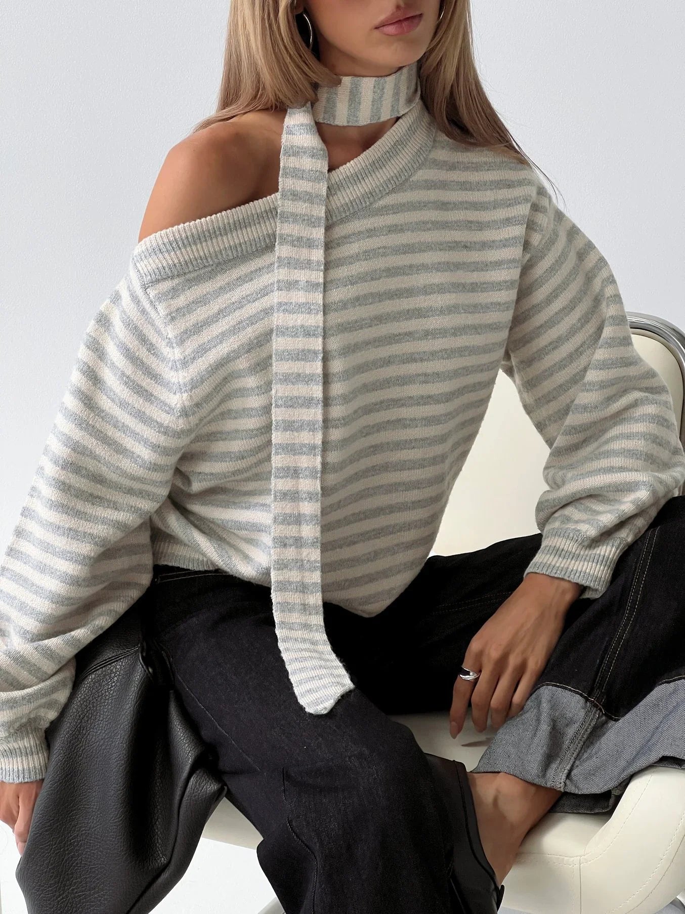 Ruthi Scarf Off Shoulder Knit Sweater Neutral Stripe