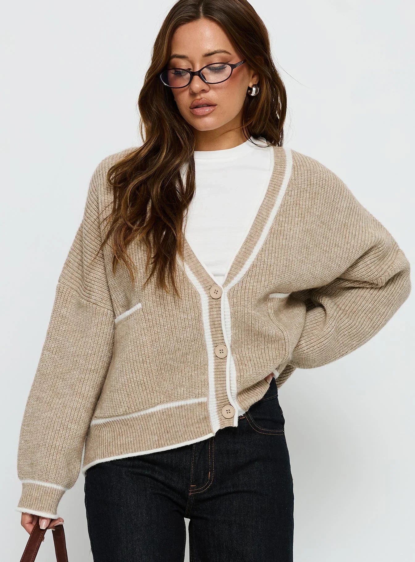 Cressara Contrast Knit Cardigan Beige White