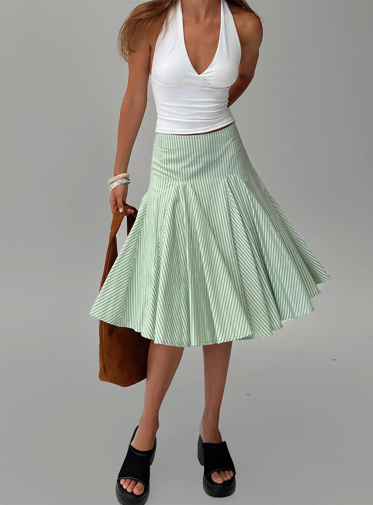 Evangaleine Pleat Midi Skirt Green White
