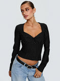 Set For Life Foldover Detail Long Sleeve Top Black White Pinstripe