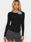 Double Back Floral Cut Out Long Sleeve Top Black