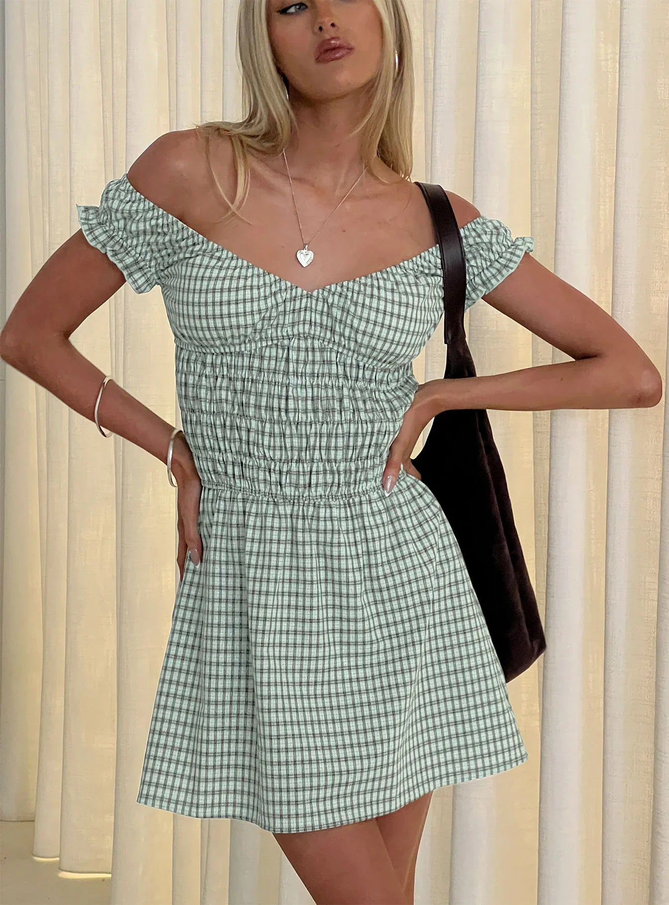 Olwen Ruched Romper Green Check
