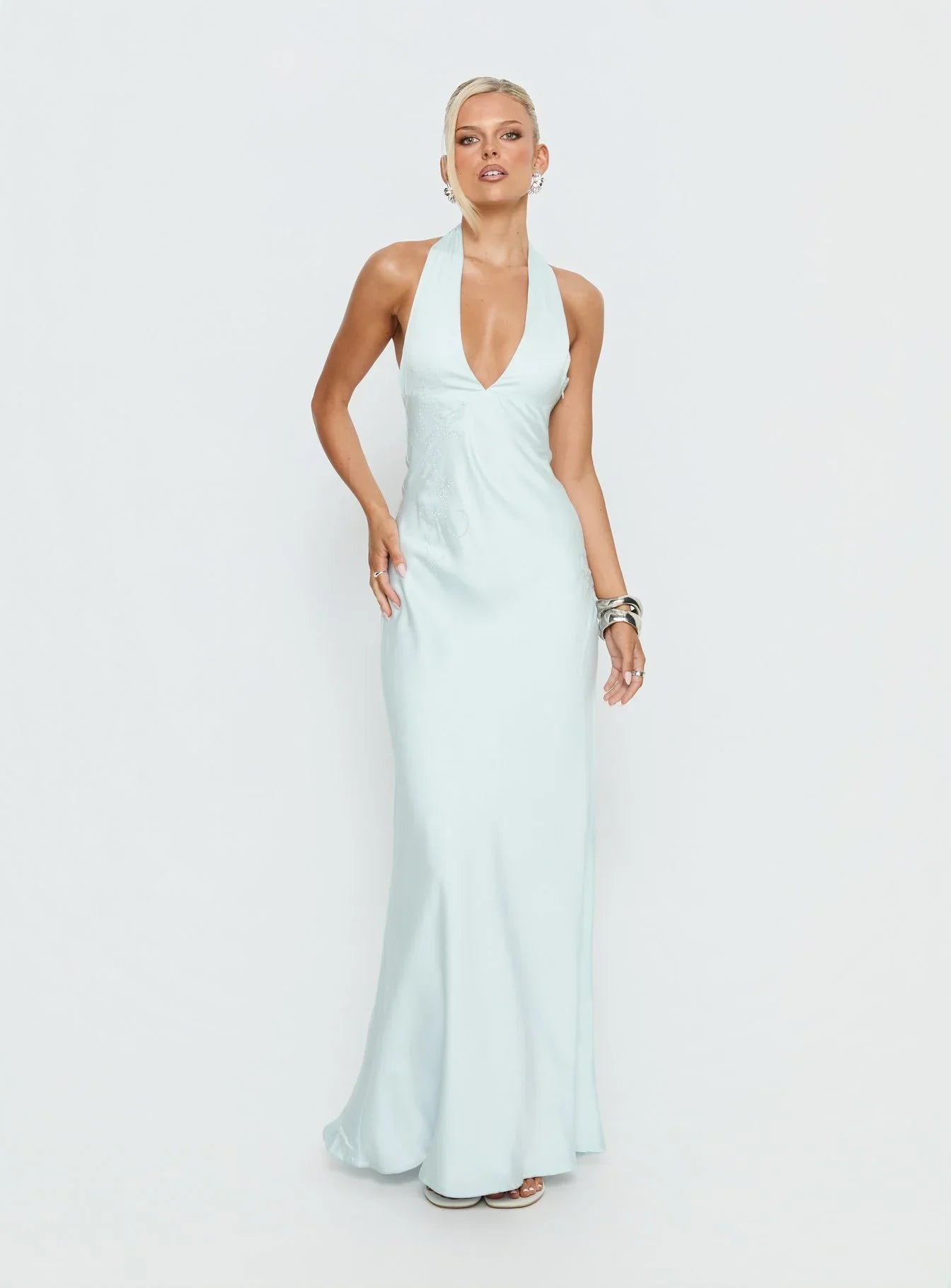 Strawberry Clouds Hotstone Satin Maxi Dress Icy Blue