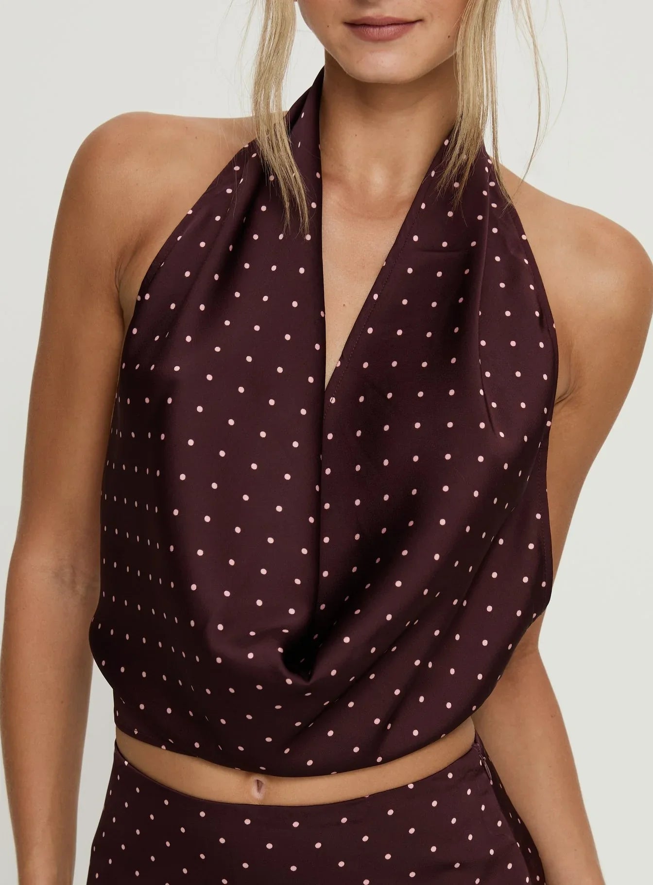 Keiana Plunge Neck Top Burgundy Pink Polka