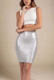 High Waist Leather Pencil Skirt Mini Length Metallic Silver