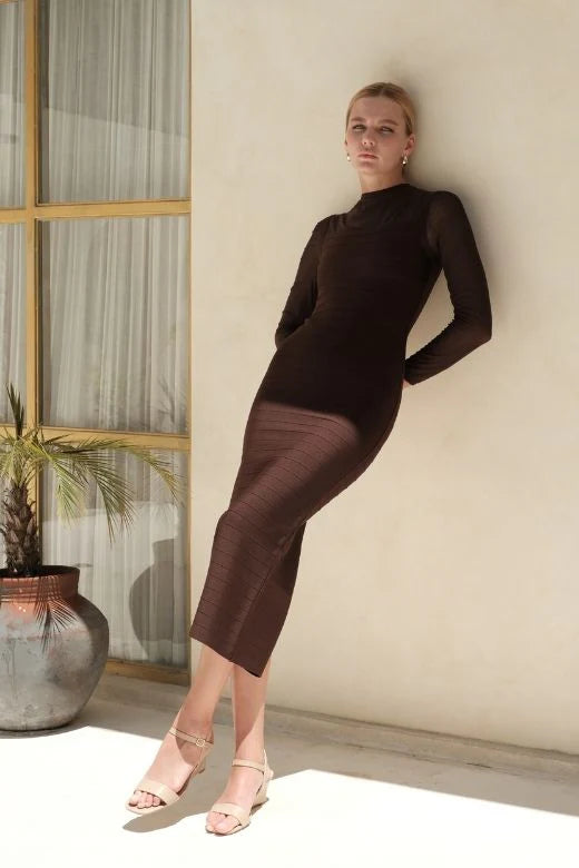 Robin Long Sleeve Bandage Maxi Dress Tan Brown