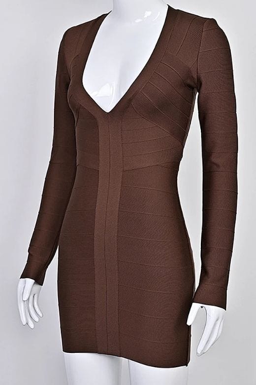Lisa Long Sleeve Bandage Mini Dress Chocolate Brown