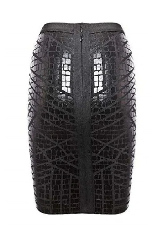 High Waist Leather Pencil Skirt Mini Length Crocodile Black