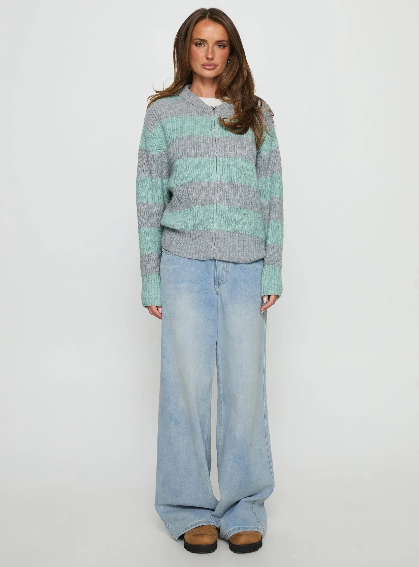 Queena Zip Through Knit Sweater Grey Blue Stripe