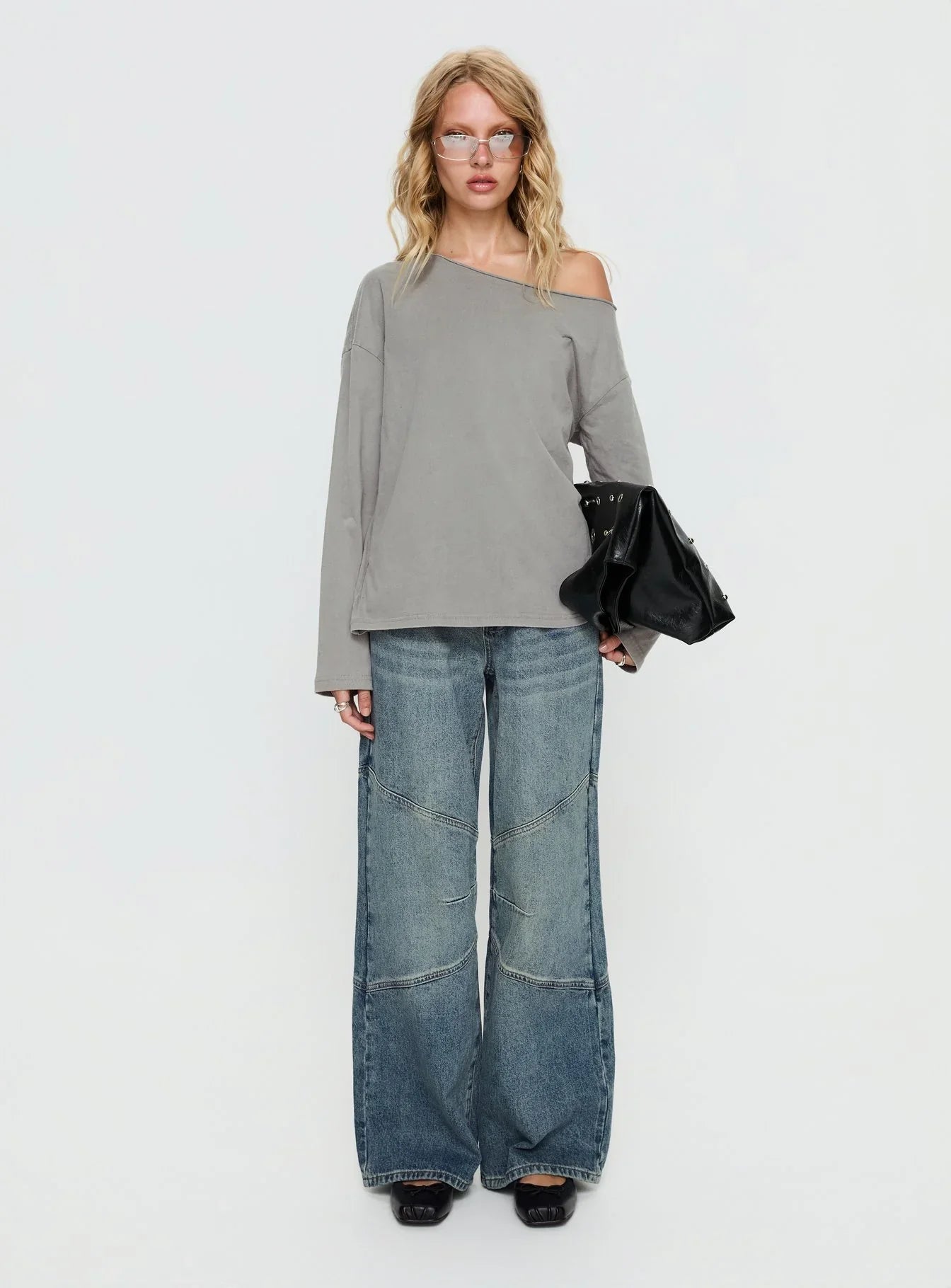 Karlyn Off Shoulder Long Sleeve Top Grey
