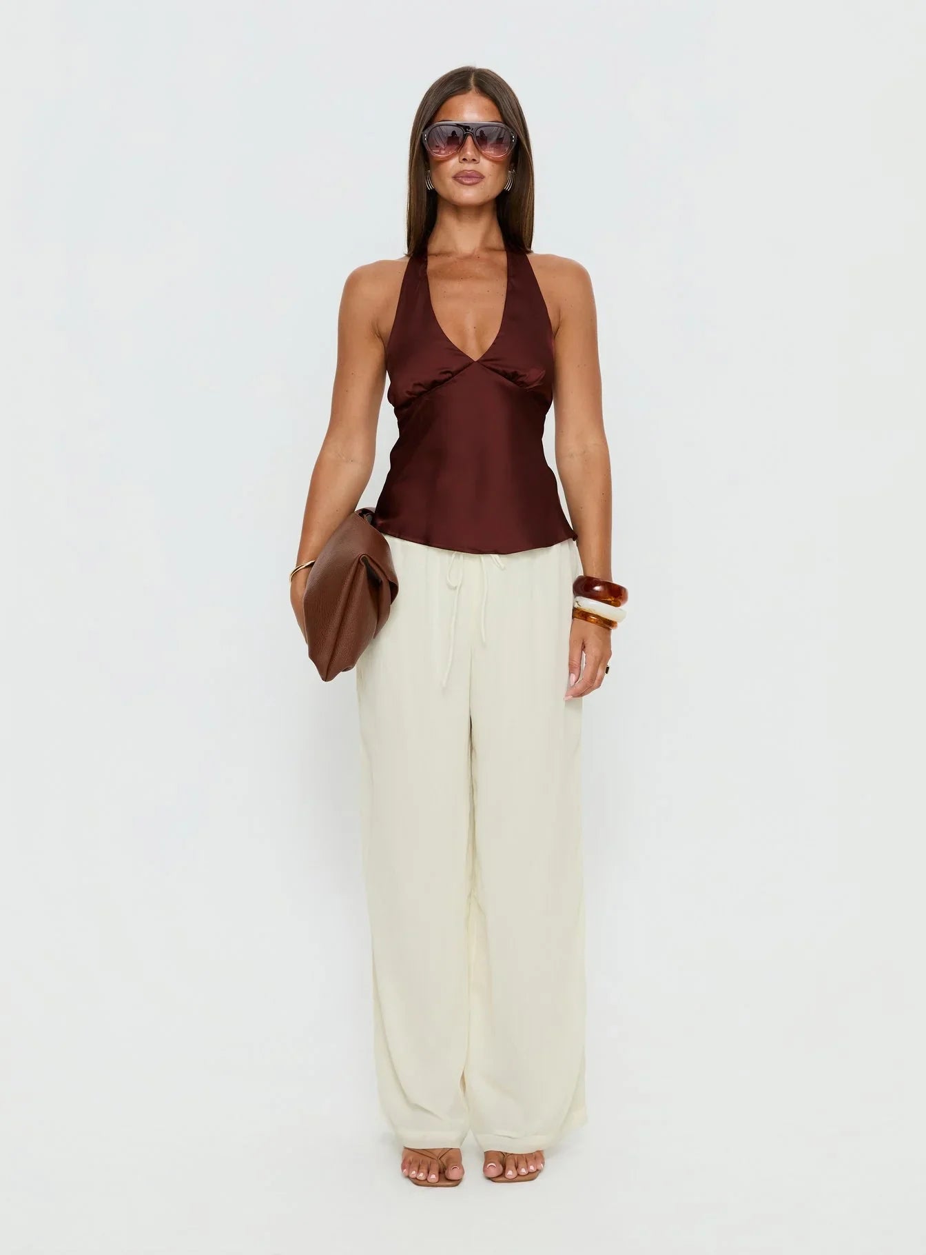 Remarkable Satin Plunge Neck Top Chocolate