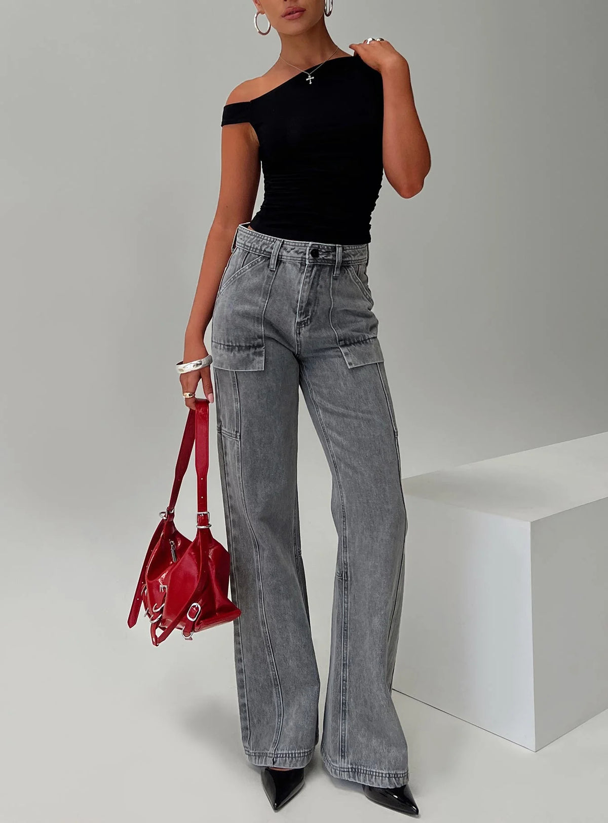 Chad High Rise Flared Cargo Jeans Washed Grey