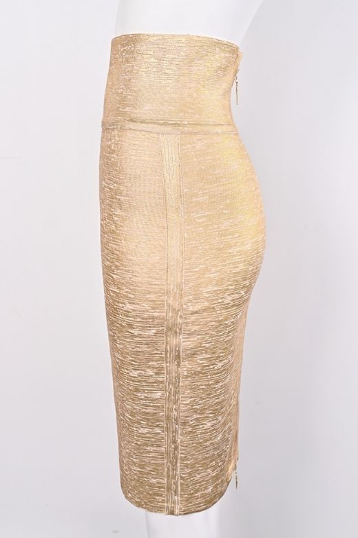 High Waist Leather Pencil Skirt Midi Length Gold