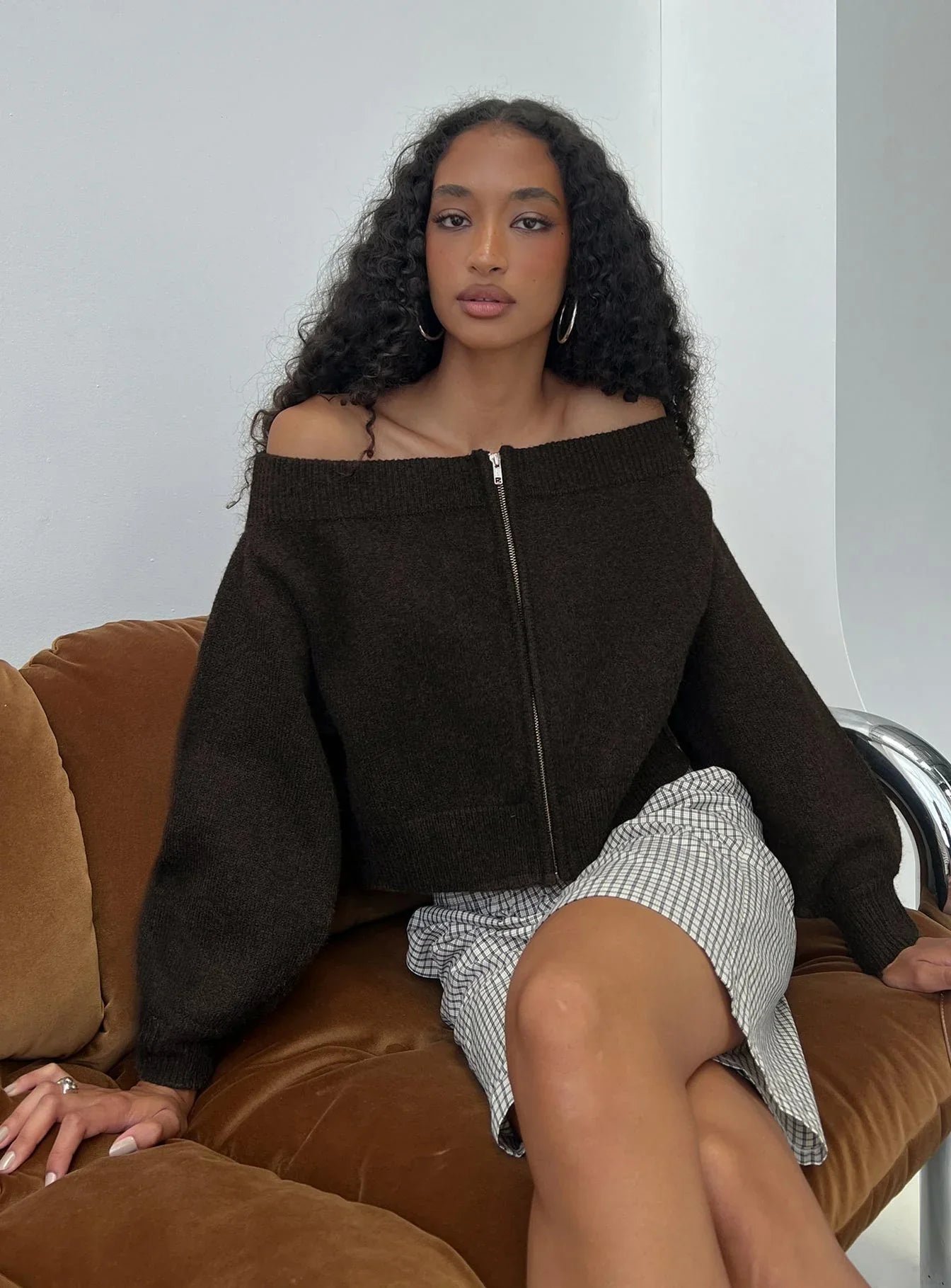 Ortensa Off Shoulder Zip Through Jumper Brown