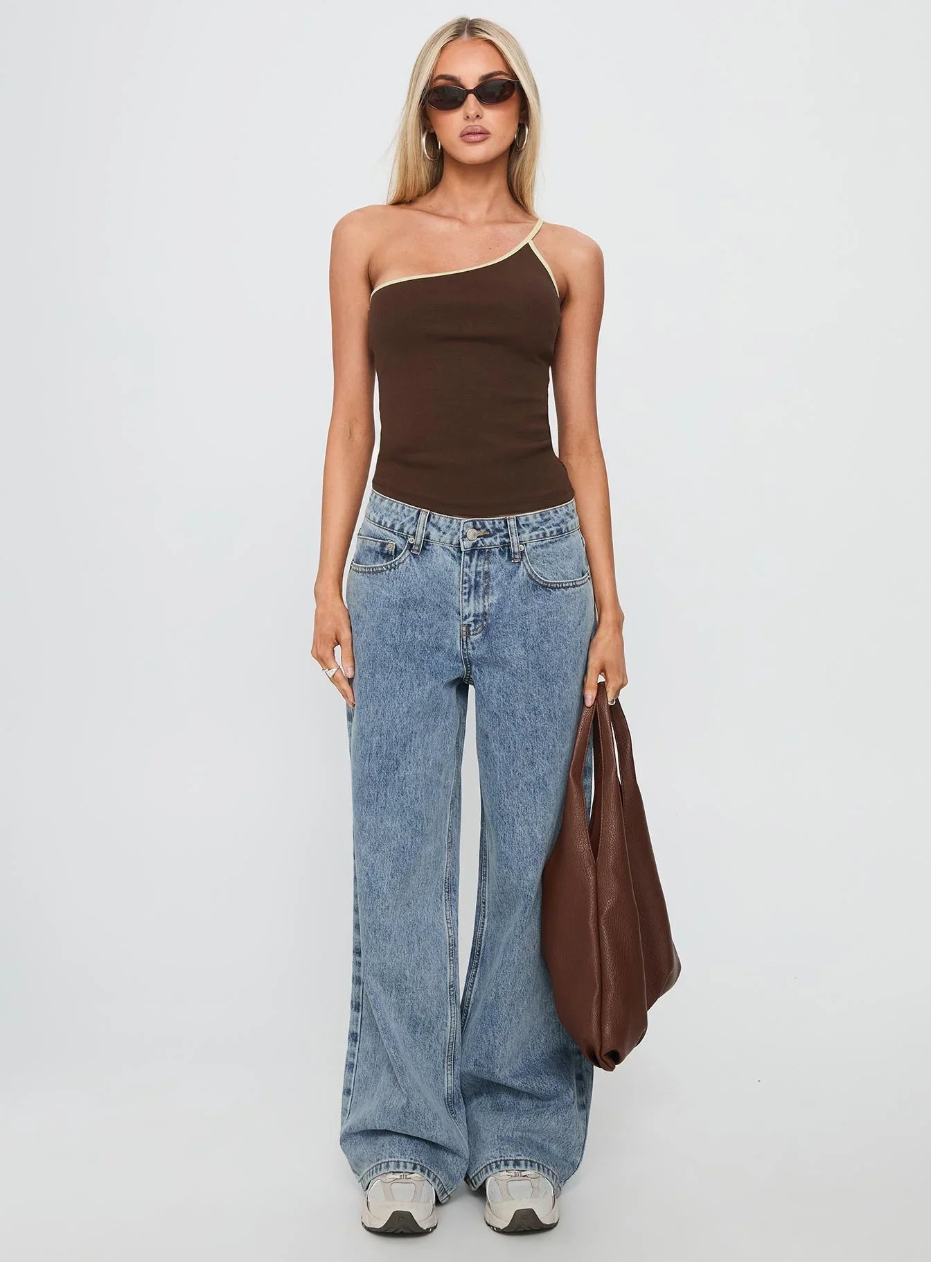 Hold It Down One Shoulder Contrast Top Chocolate Yellow