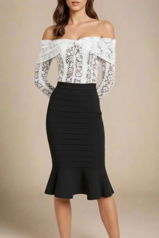 Peplum High Waist Bandage Midi Skirt Classic Black