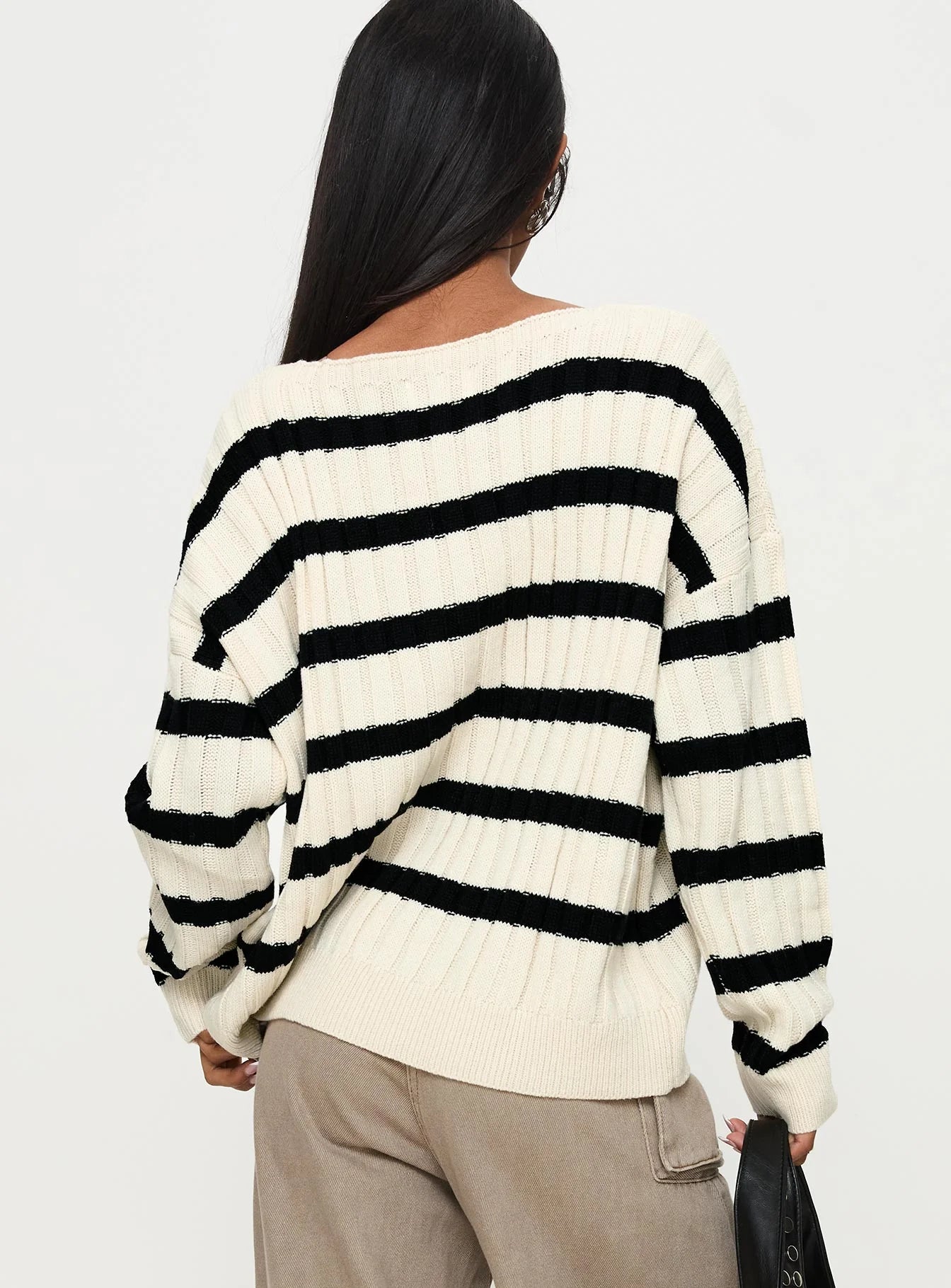 Elenita Wide Neck Knit Sweater Black White