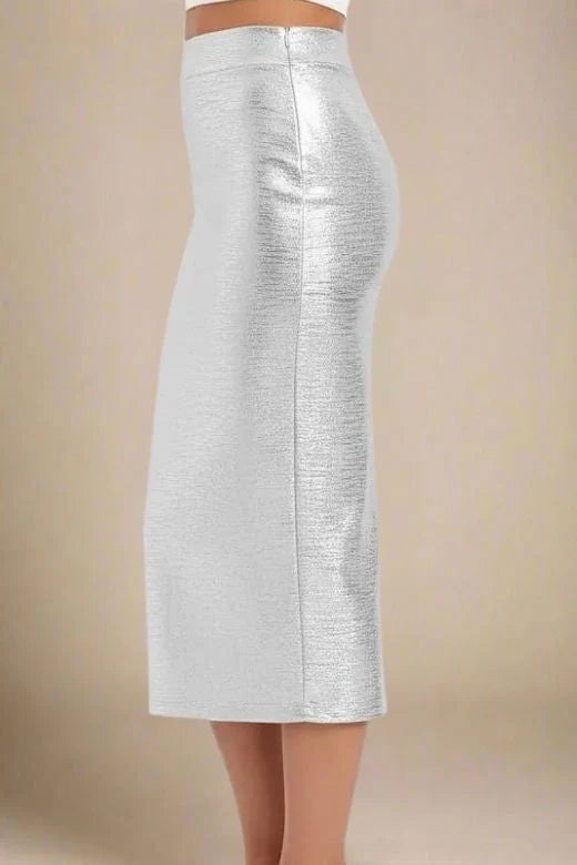 High Waist Leather Pencil Skirt Midi Length Metallic Silver
