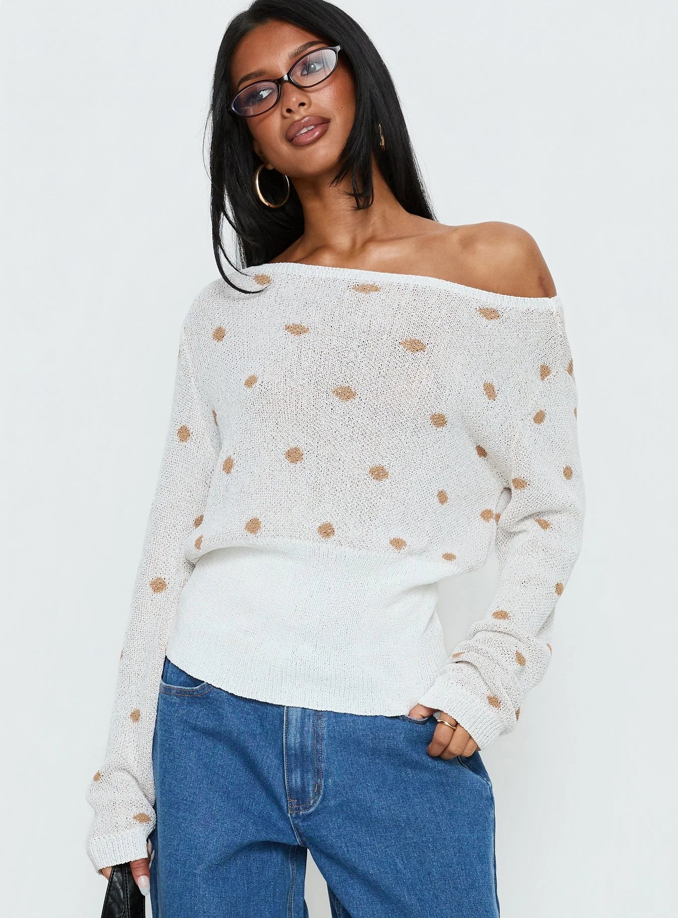 Harvy Off Shoulder Knit Sweater White Polka