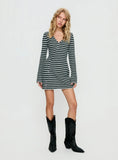 Morgen Asymmetrical Long Sleeve Mini Dress Grey Green Stripe