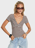 Madelon Short Sleeve Wrap Top Brown / Blue Stripe