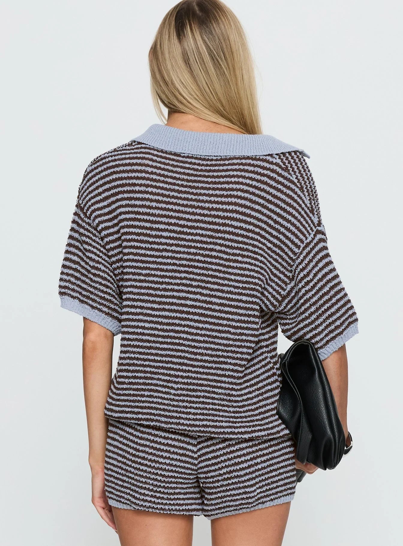 Serenique Collared Short Sleeve Knit Top Blue / Chocolate