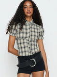 Maxfield Collared Button Up Blouse Top Multi Check