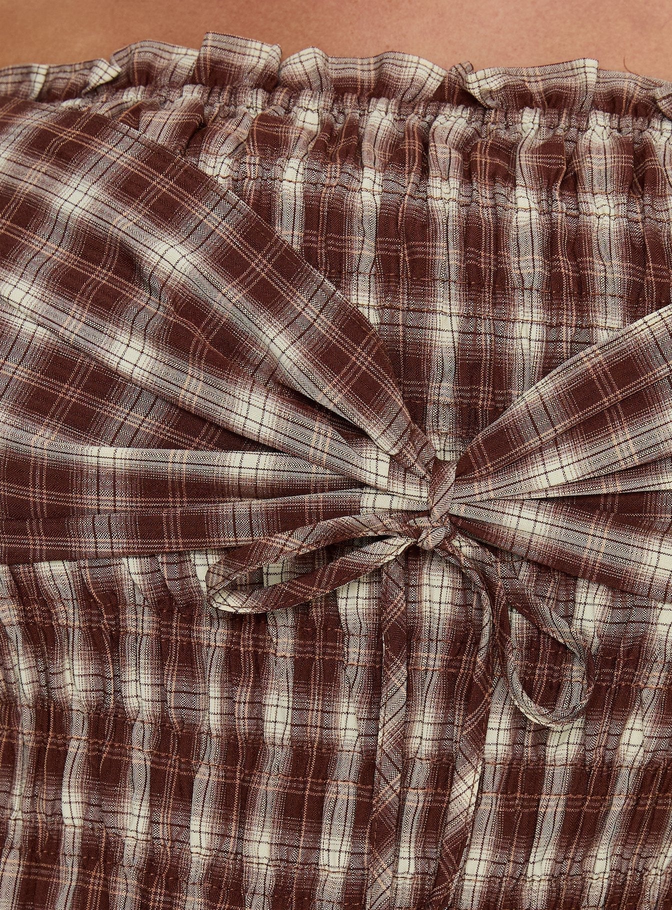 Avalynn Off Shoulder Shirred Top Brown Check Curve