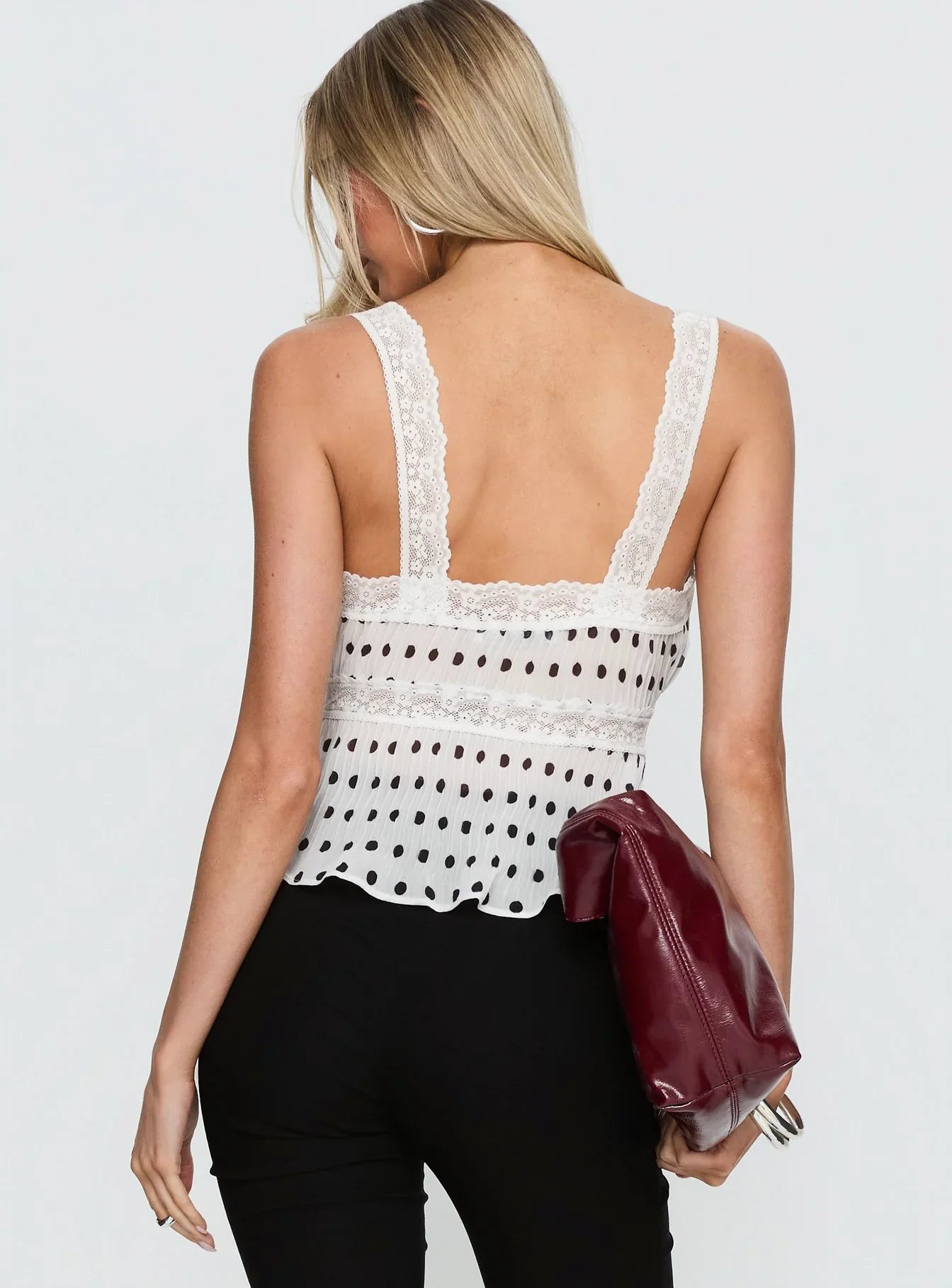 Raydon Lace Trim Cami Top White / Black Polka