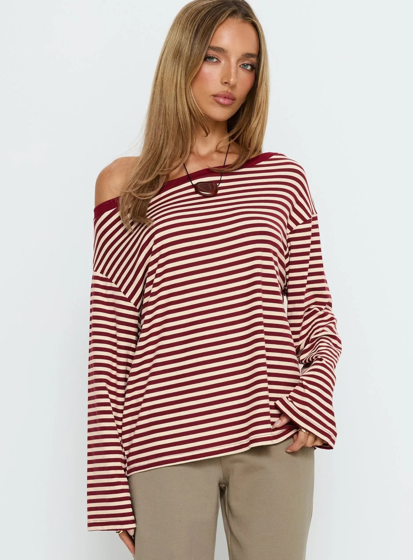 Ralyssa Off Shoulder Long Sleeve Top Red Stripe