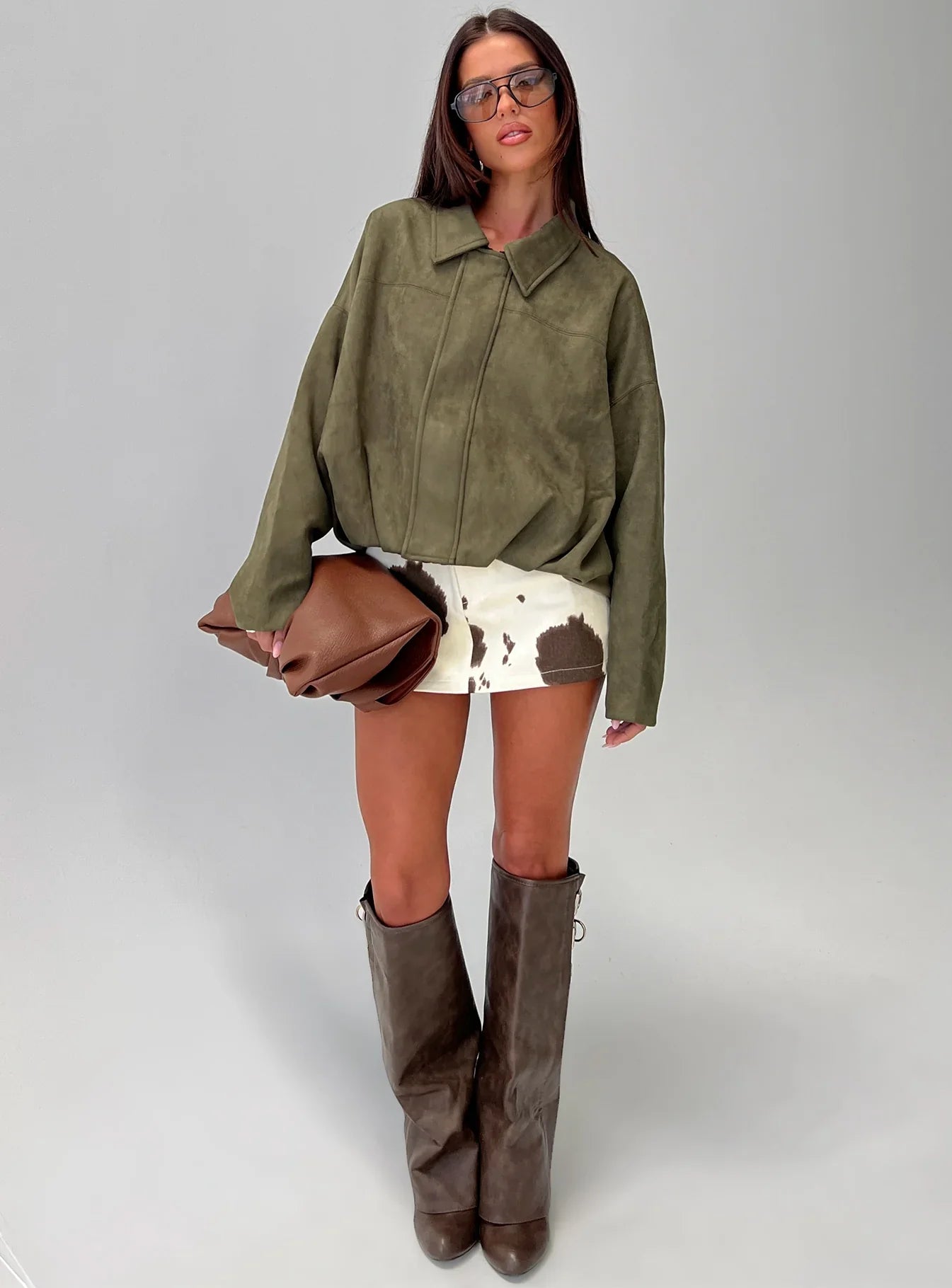 Enlightened Faux Suede Bomber Jacket Khaki