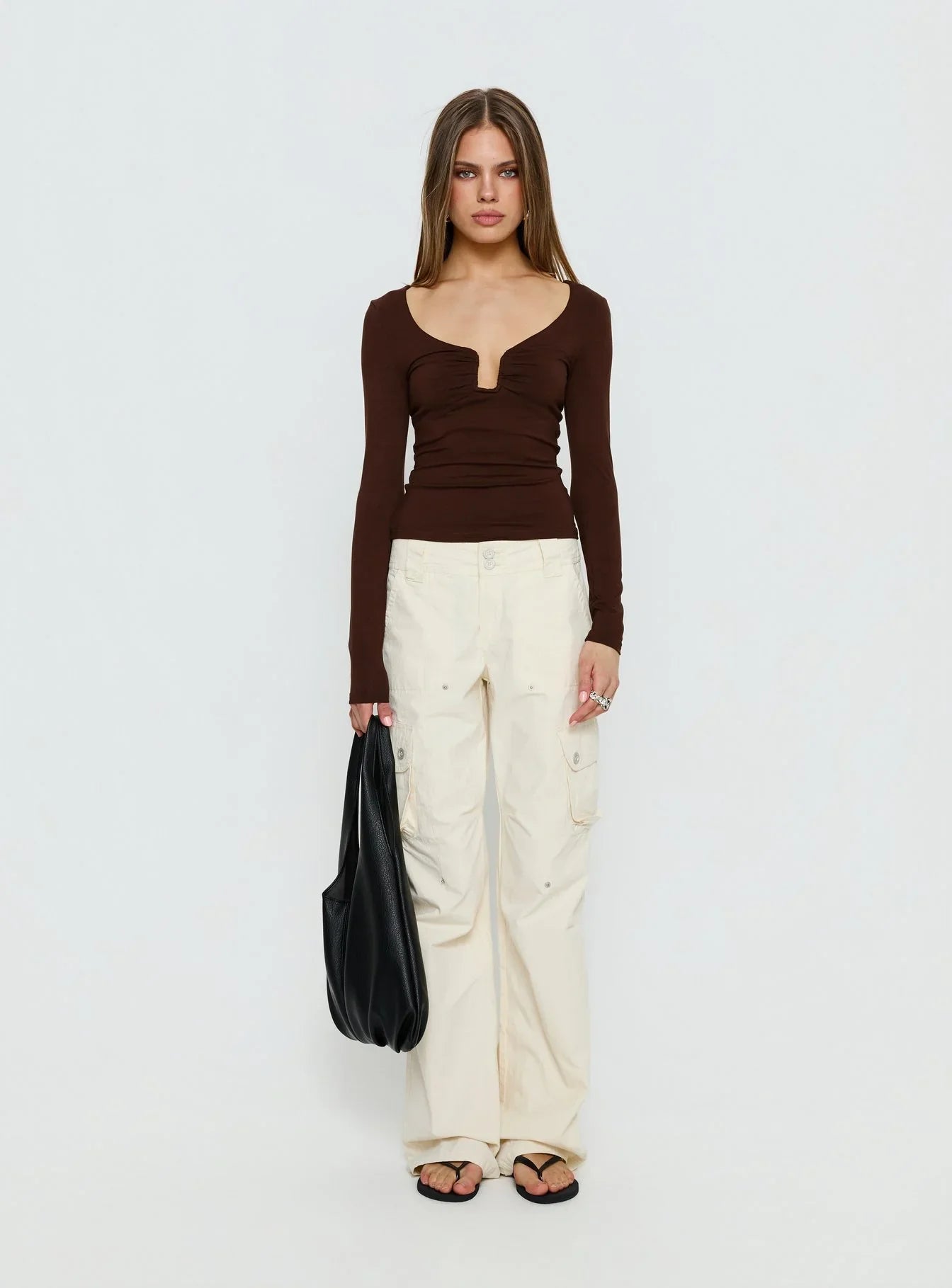 Serelle Long Sleeve Bust Detail Top Chocolate