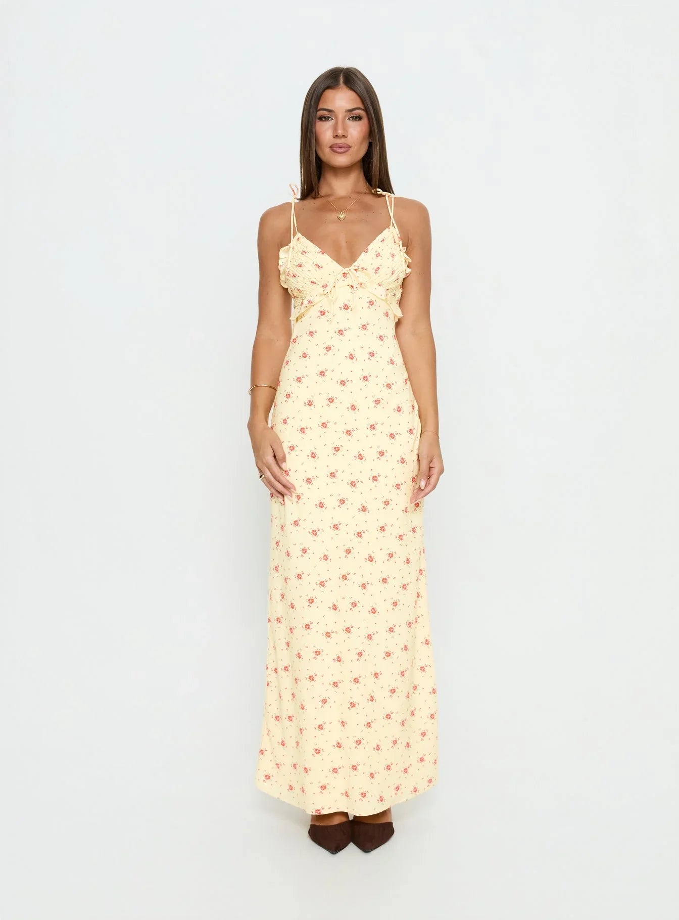 Morcar Frill V Neck Maxi Dress Yellow Floral