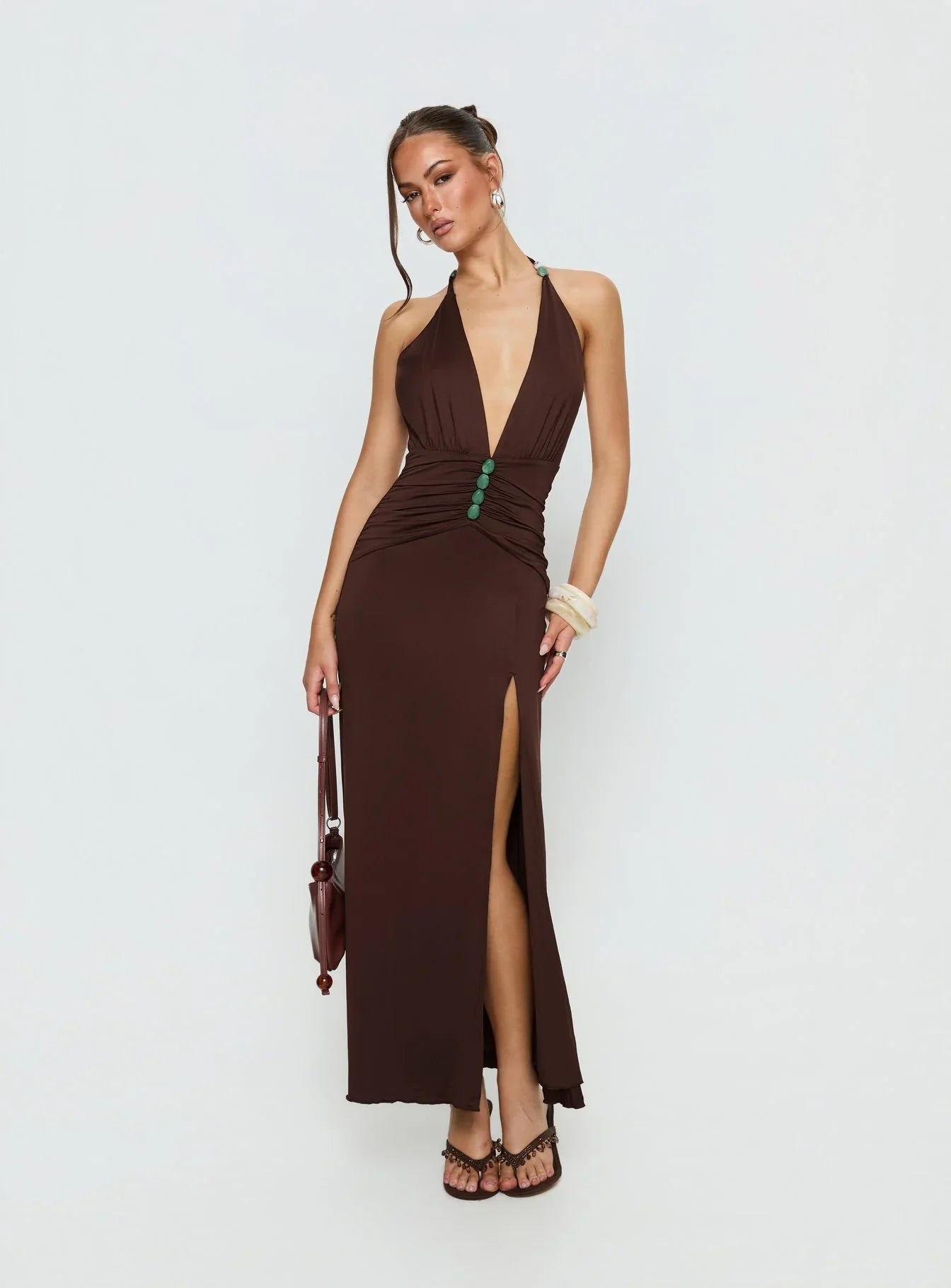 Sasami Halter Plunge Maxi Dress Chocolate