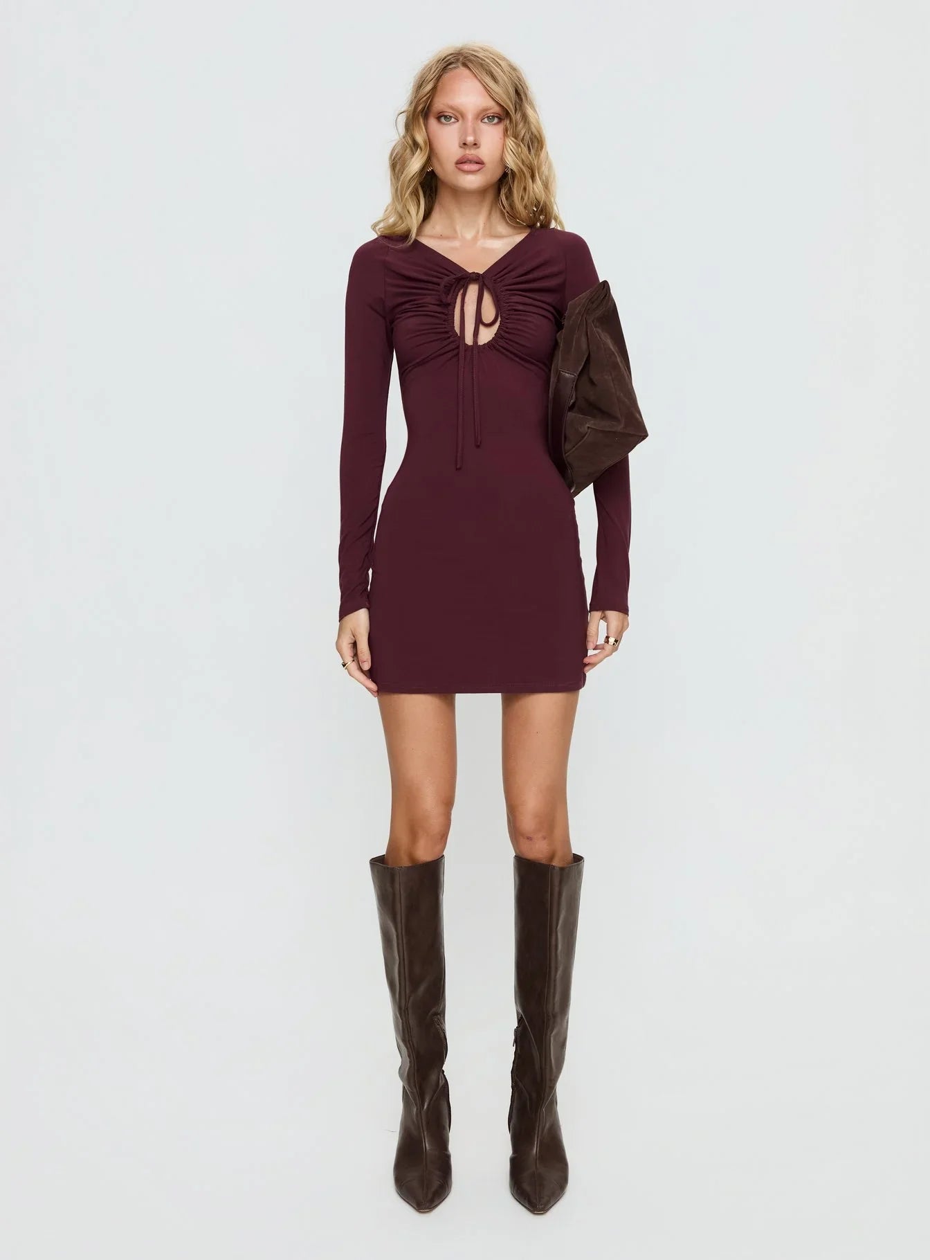 Angele Long Sleeve Keyhole Mini Dress Plum